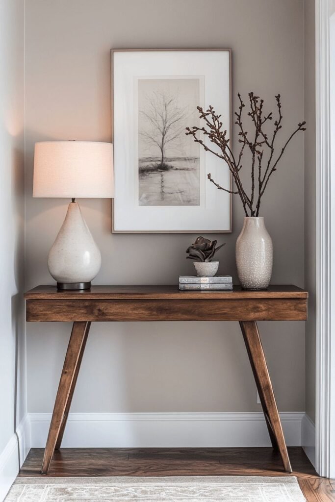 Asymmetrically styled console table with relaxed, collected decor