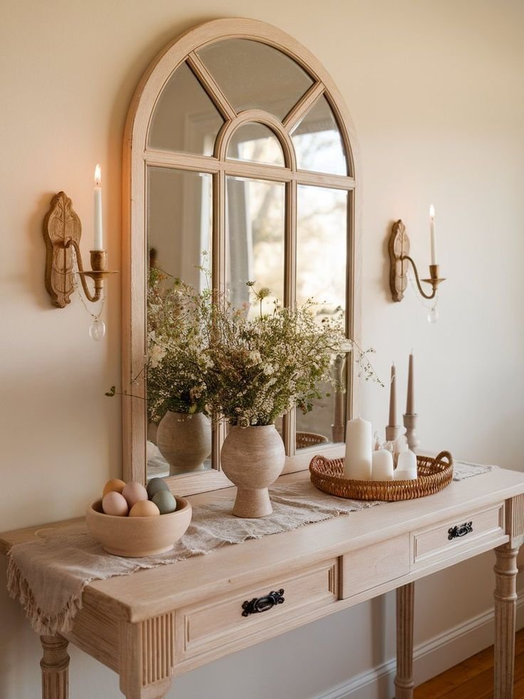 Decorative tray organizing small objects on a console table