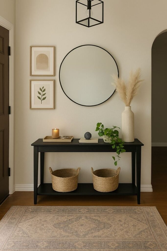 Console table styled with a cohesive, elevated look using fewer pieces