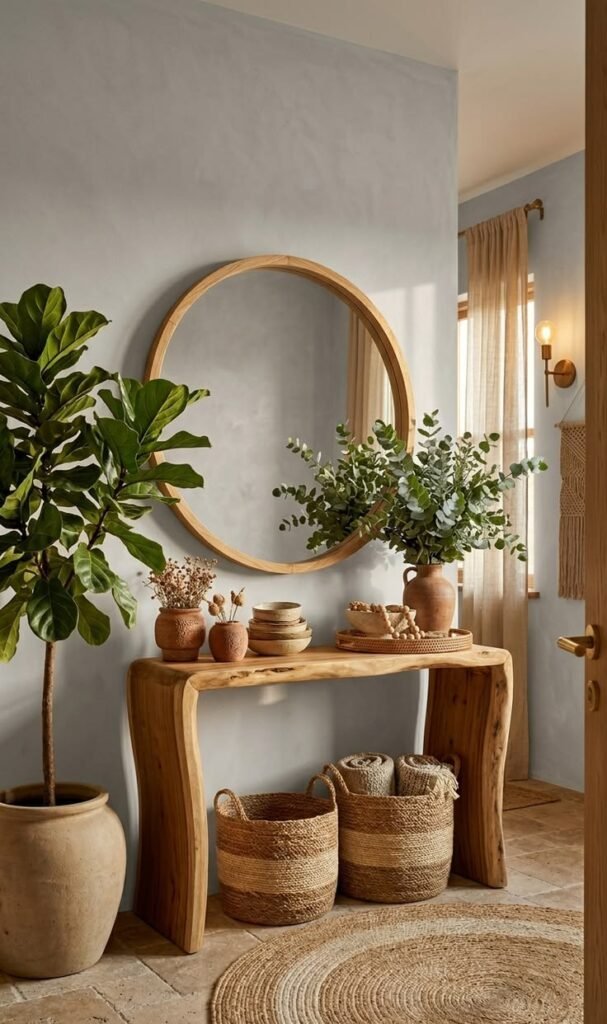 Console table decorated with a small potted plant for natural texture