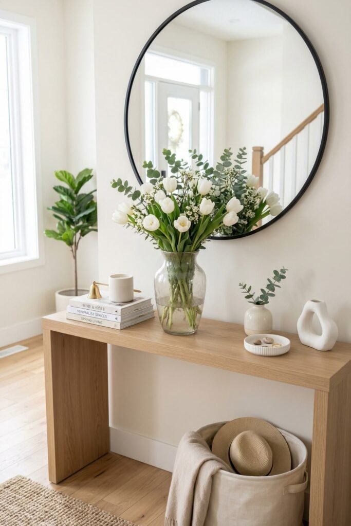 Console table styled with layered objects at varying depths