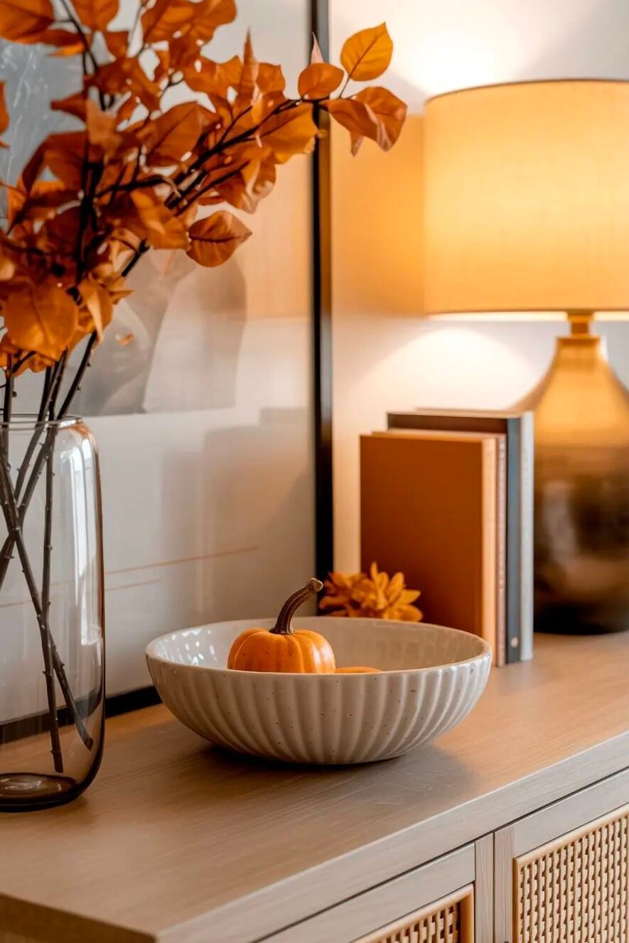 Seasonal accents added to an existing console table arrangement