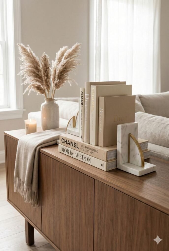 Stack of curated books styled on a console table surface