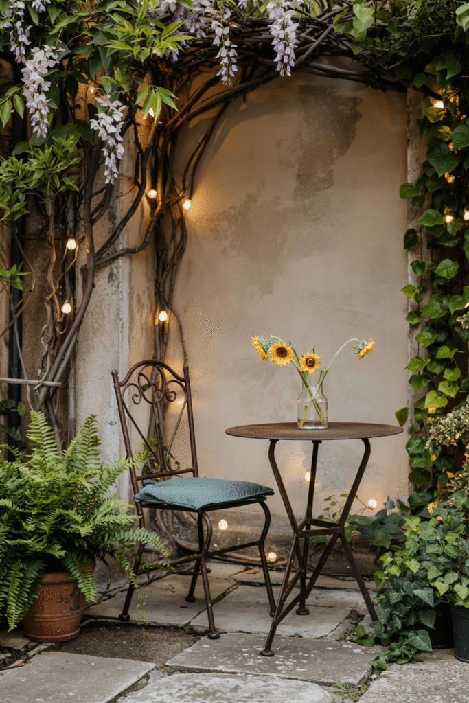 Cozy corner seating nook surrounded by greenery