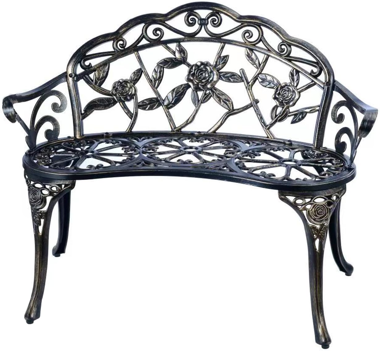 YKSY & YKSY Cast Aluminum Patio Garden Park Bench with Floral Design