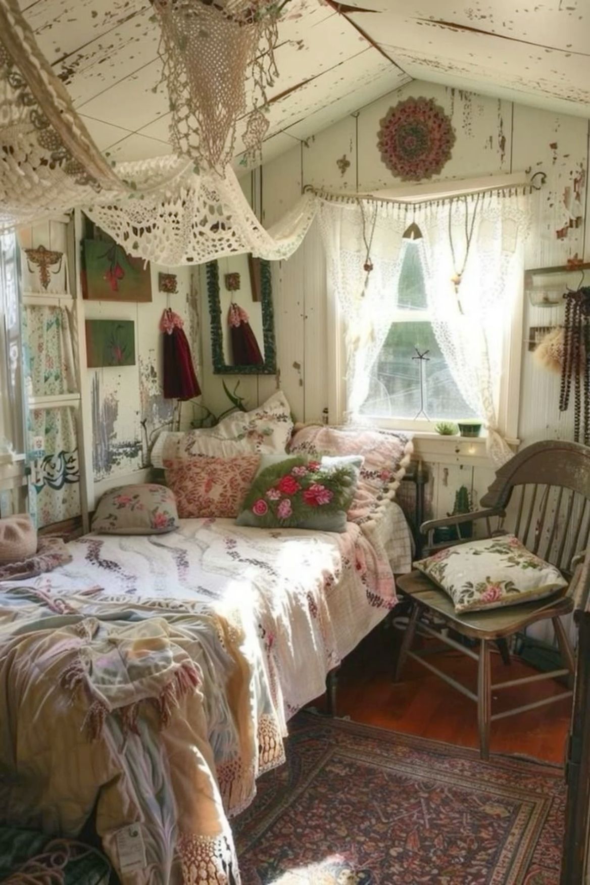 Sheer lace canopy draped over a bed in an attic cottagecore bedroom
