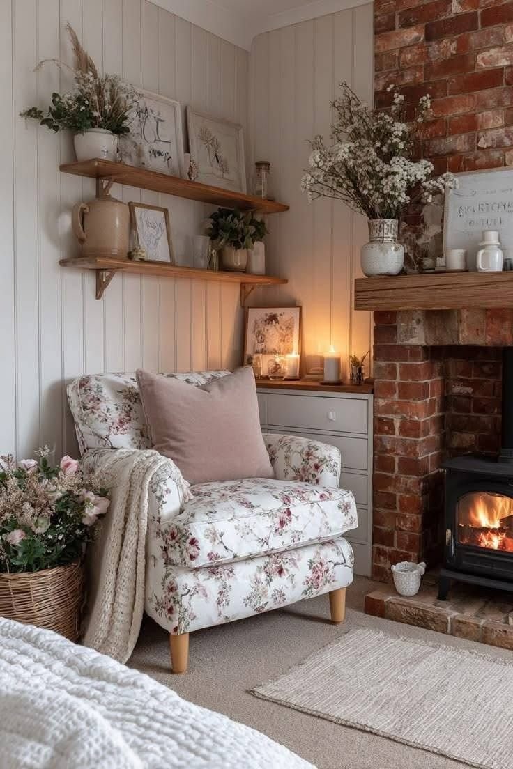 Cozy cottage corner with a floral armchair, dried flowers on nearby shelves and a wood-burning stove set into a brick fireplace