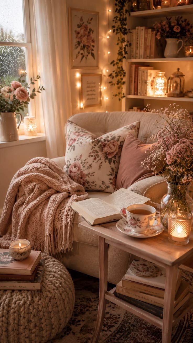 Cozy cottage reading nook with a cream armchair, floral pillow, knit throw, open book, a cup of tea and fairy lights on shelves nearby