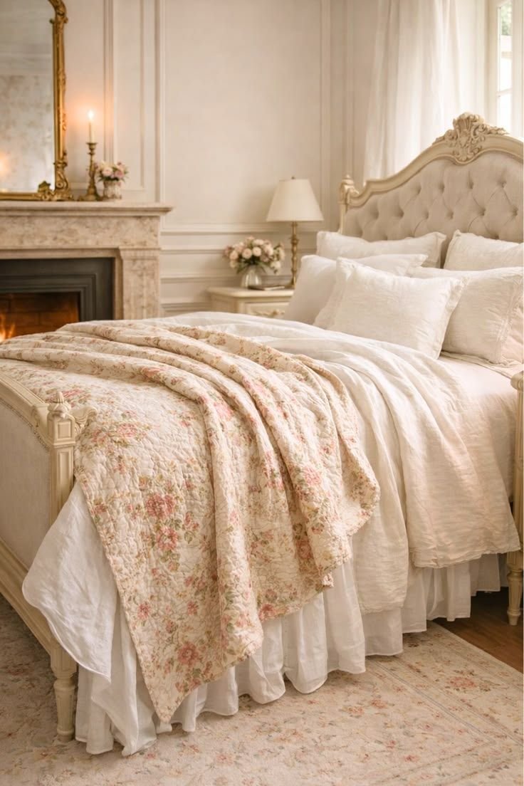 Elegant bed layered with white linen bedding, a vintage pink and green floral quilt and a gathered bed skirt beside a marble fireplace