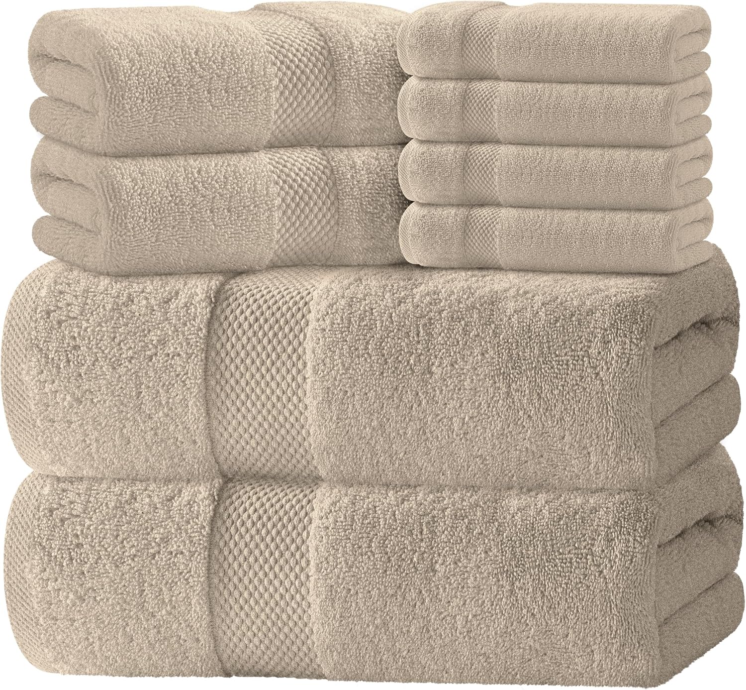 White Classic Luxury Taupe Bath Towel Set of 8 - Soft 100% Turkish Cotton