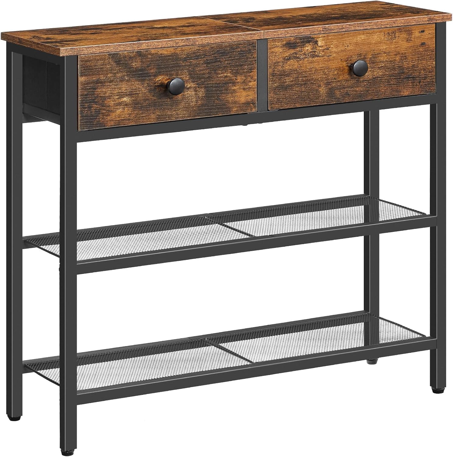 HOOBRO 29.5' Narrow Console Table with 2 Fabric Drawers, Sofa Table, Small Entryway Table with 3-Tier Storage Shelves, Behind Couch Table, for Living Room, Hallway, Rustic Brown and Black BF72XG01