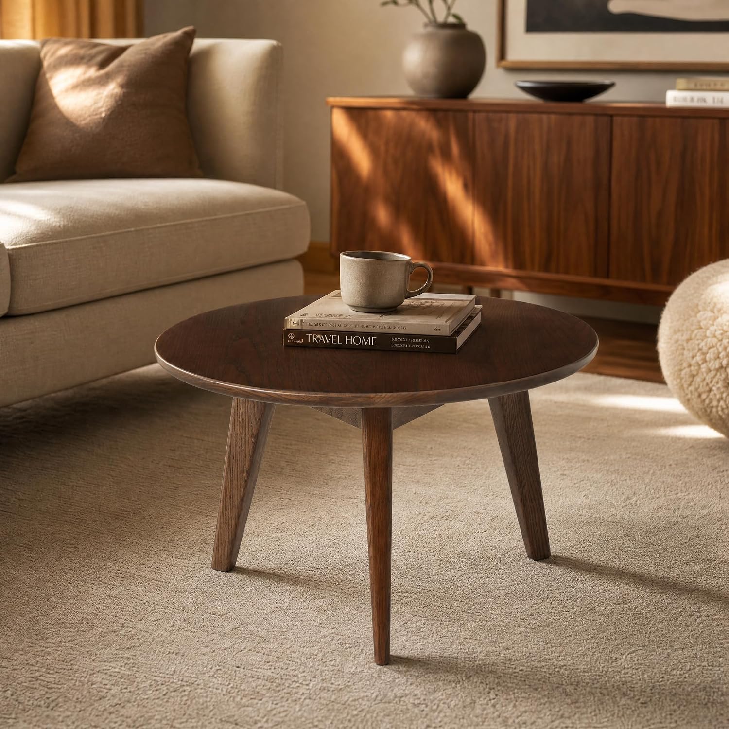 100% Solid Wood Round Coffee Table, Small Coffee Table w/Sturdy Legs, Wood Side Table for Bedroom Balcony Living Room (Walnut, 23.62' D x 13.78' H)