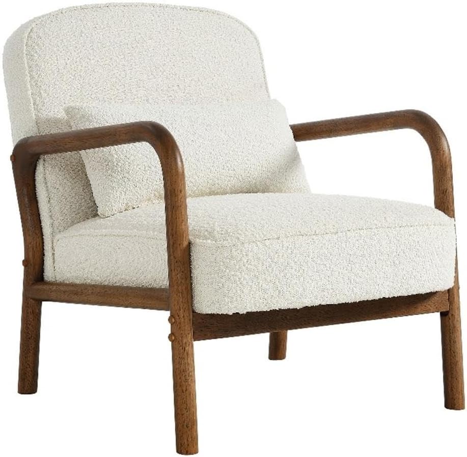 Modway Charlie Boucle Upholstered Wood Accent Armchair in Ivory – Mid-Century Modern Chair with Cushion – Cozy Reading Chair with Solid Wood Frame – Fabric Upholstered Armchair for Living Room