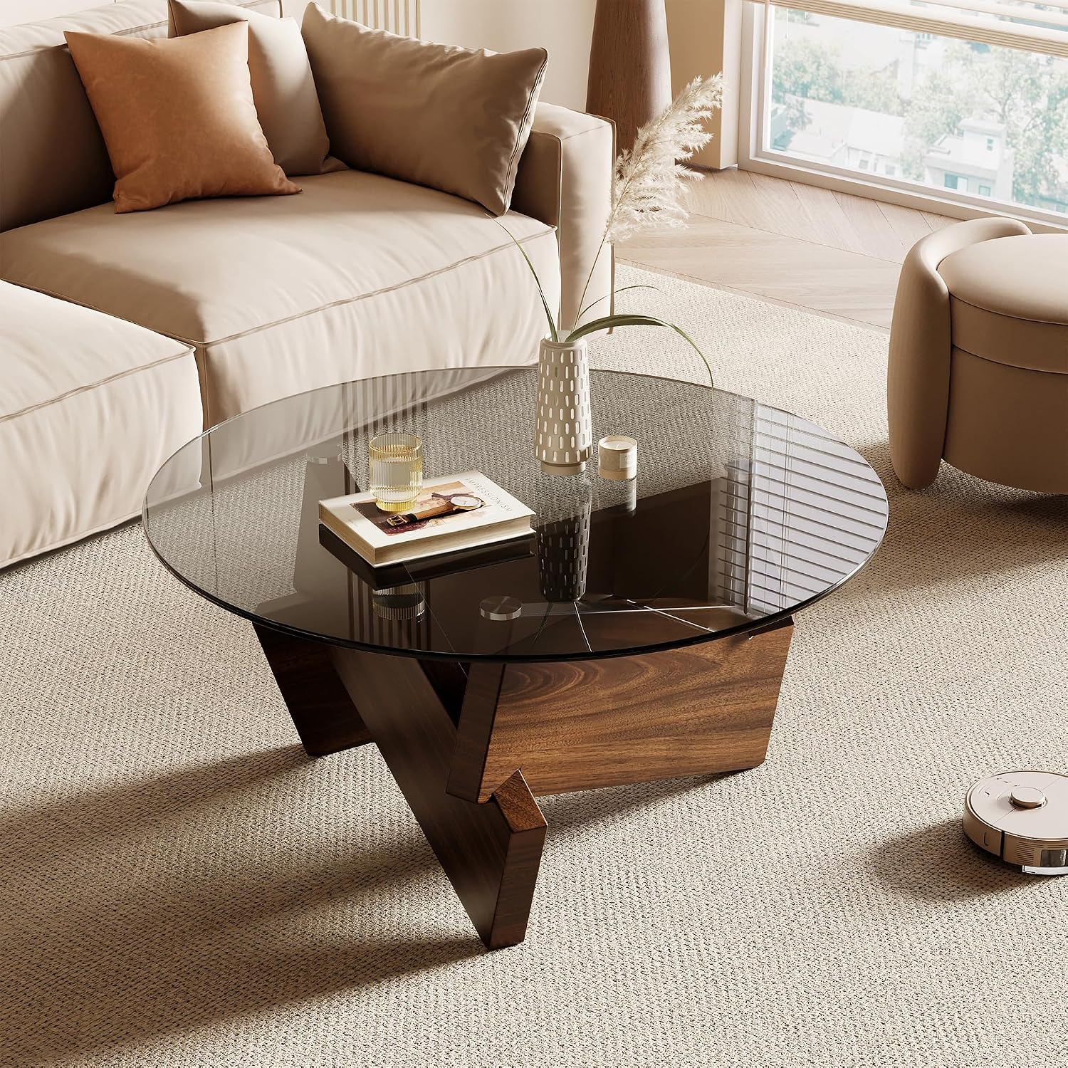 Honyee Modern Round Coffee Table, 30.7' x 30.7' x 16.1' Tempered Glass Top for Living Room, Color: Walnut