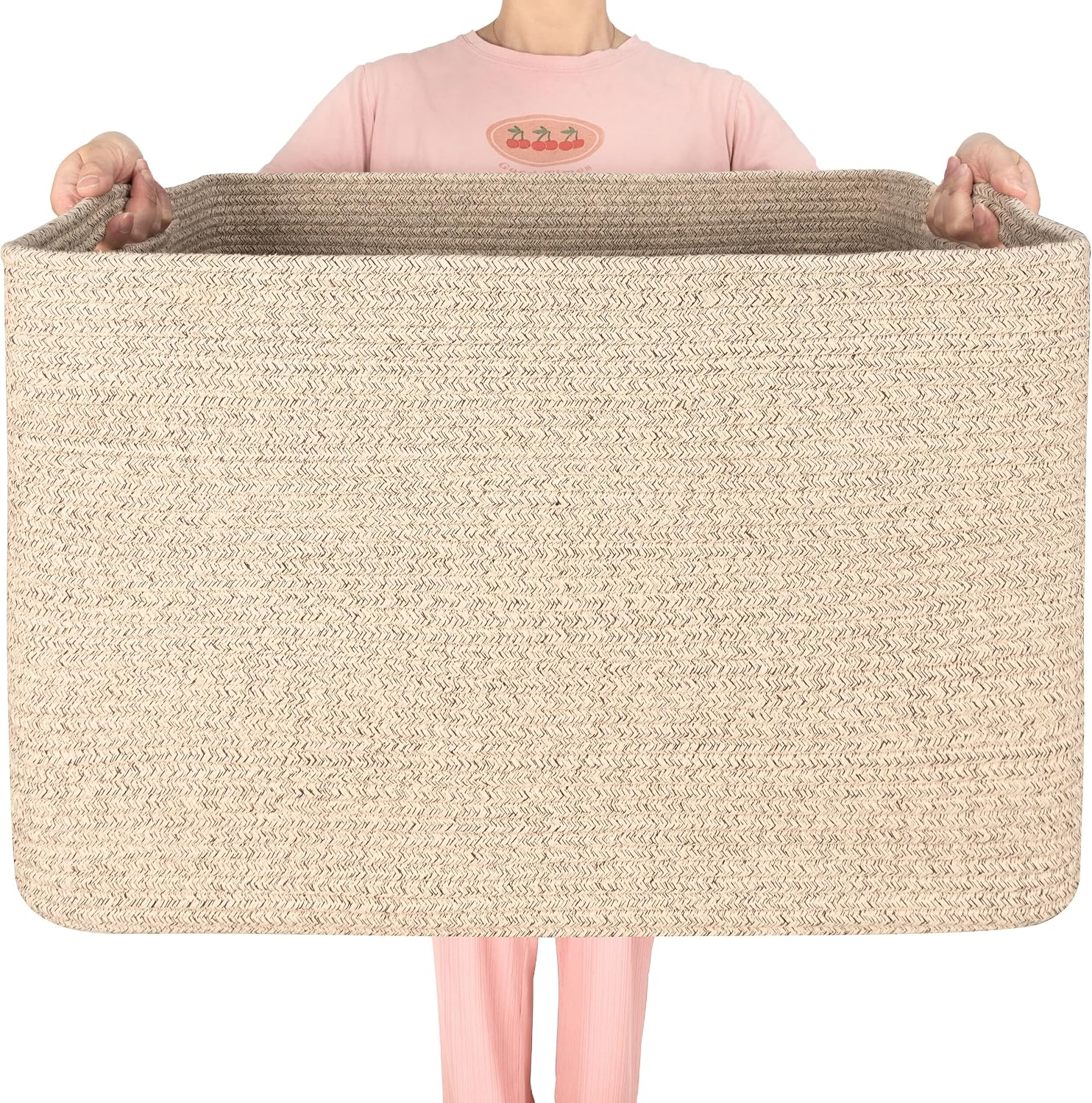 MINTWOOD Design 112L Extra Large Blanket Basket Holder Living Room, 25'x17'x16' Rectangle Rope Woven Storage Basket with Handles for Laundry, Towels, Shoes, Dog Toy Organizer Bin Box, Oatmeal Brown