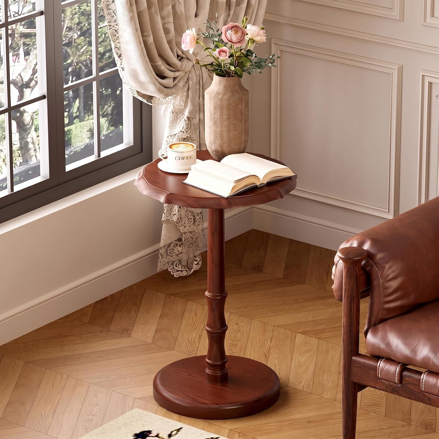 Vintage Pedestal Side Table, 100% Solid Wood Round End Table, Walnut