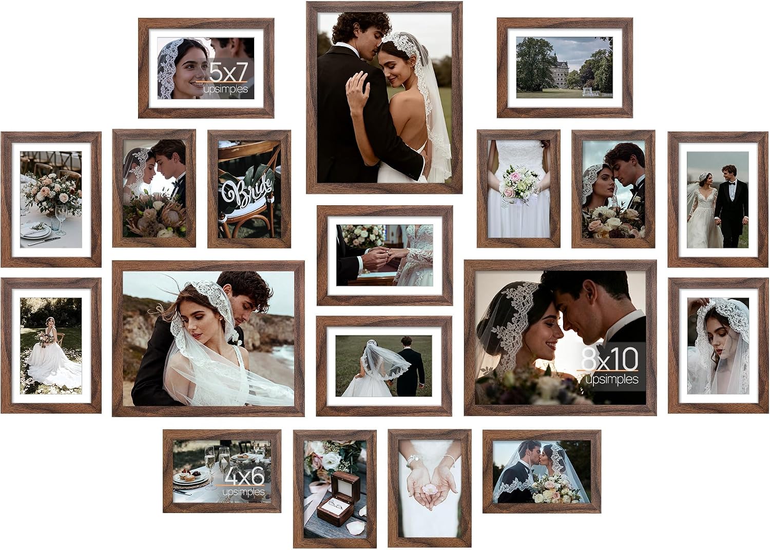 upsimples Picture Frames set of 19, Including 8x10, 5x7, 4x6 Brown Frame