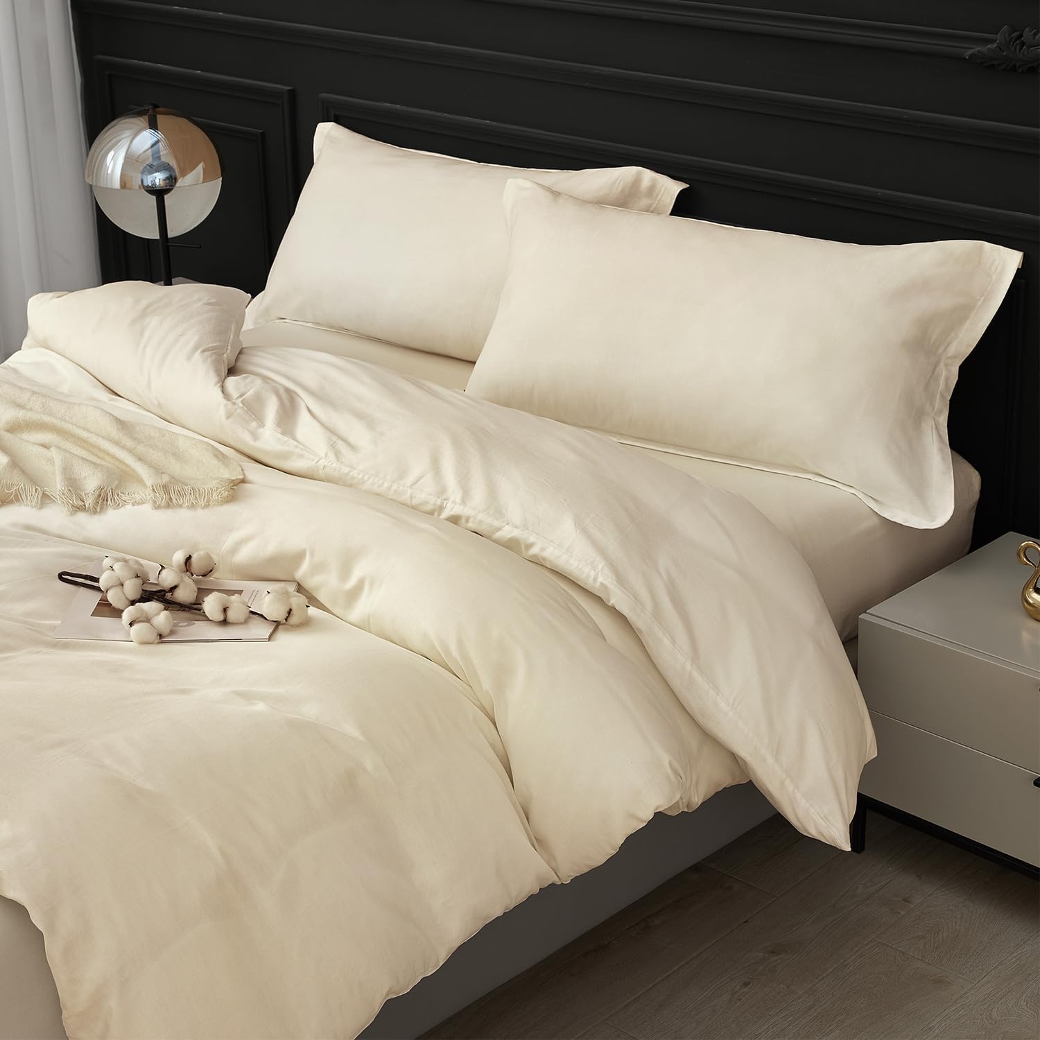 SAPHREAS 100% Washed Cotton Duvet Cover Queen Size Set, Linen Like Comforter Cover with Zipper Closure & Corner Ties (No Comforter), 90x90 Cream