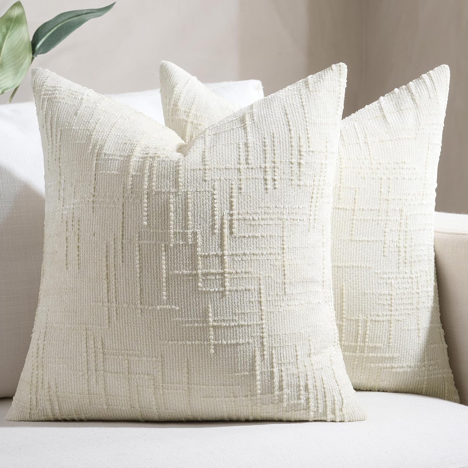 Softalker Textured Chenille Throw Pillow Covers Set of 2, 18x18 Cream Decorative Cushion Covers, Soft Cozy Slubby Texture for Modern Farmhouse Sofa Couch Bed