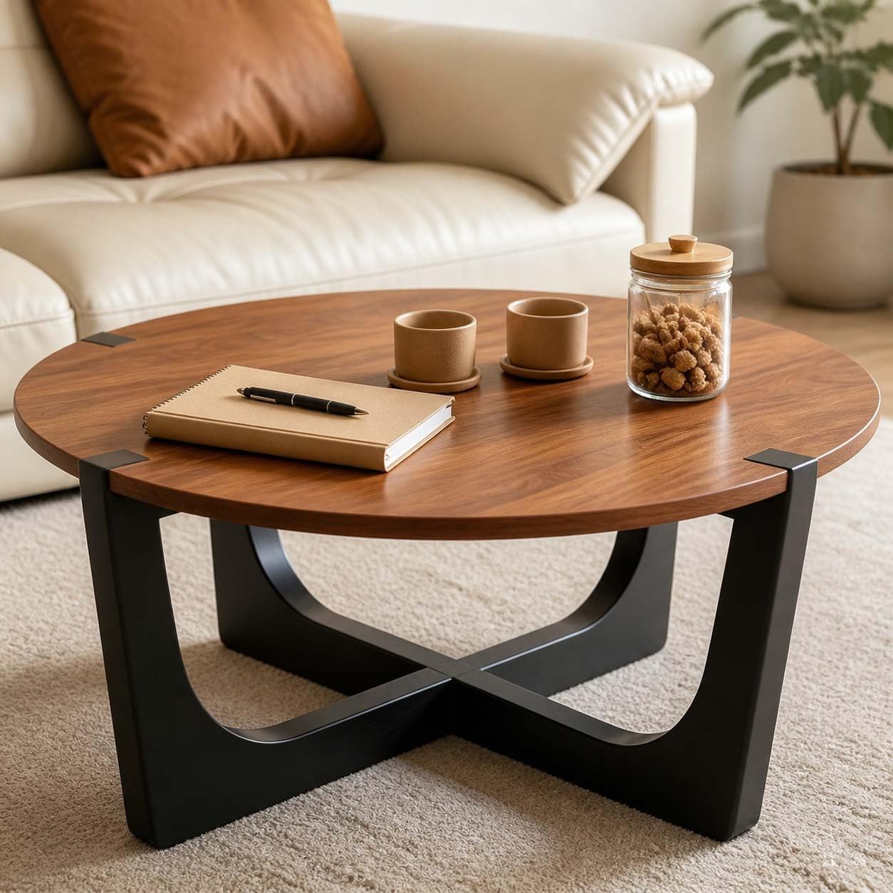 31.5' Round Wood Coffee Table, Mid-Century Modern, Walnut
