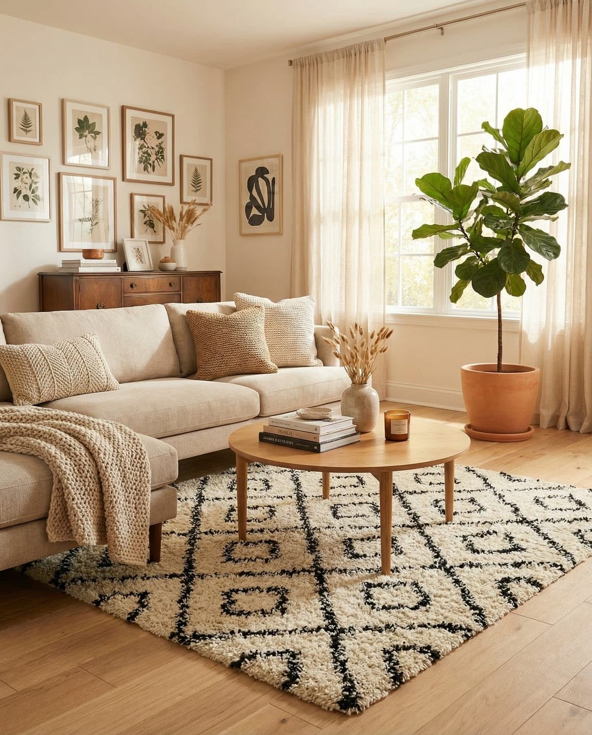 Large black and cream diamond shag rug anchoring a beige sofa, a round oak coffee table and a fiddle leaf fig