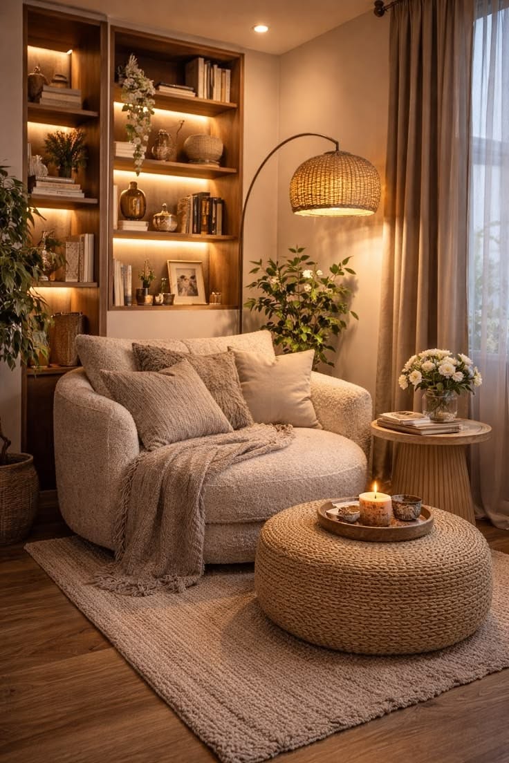 Cozy corner with a round boucle chair, a woven pouf, a jute rug and warmly lit wood bookshelves