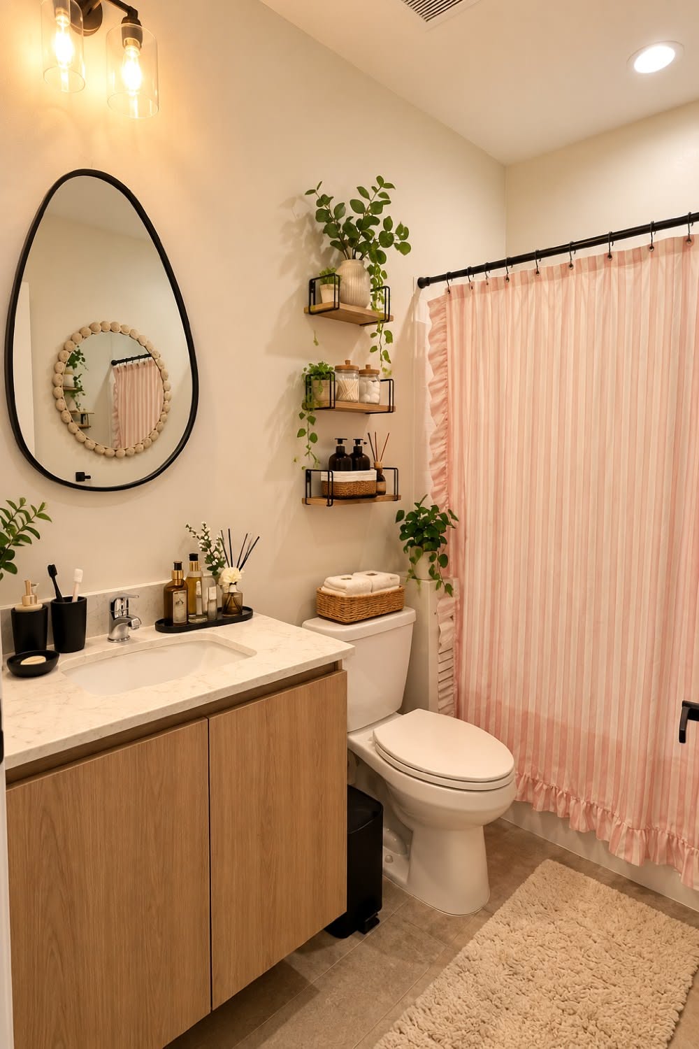 Small bathroom with a black oval mirror, a wood vanity, floating shelves, plants and a striped shower curtain