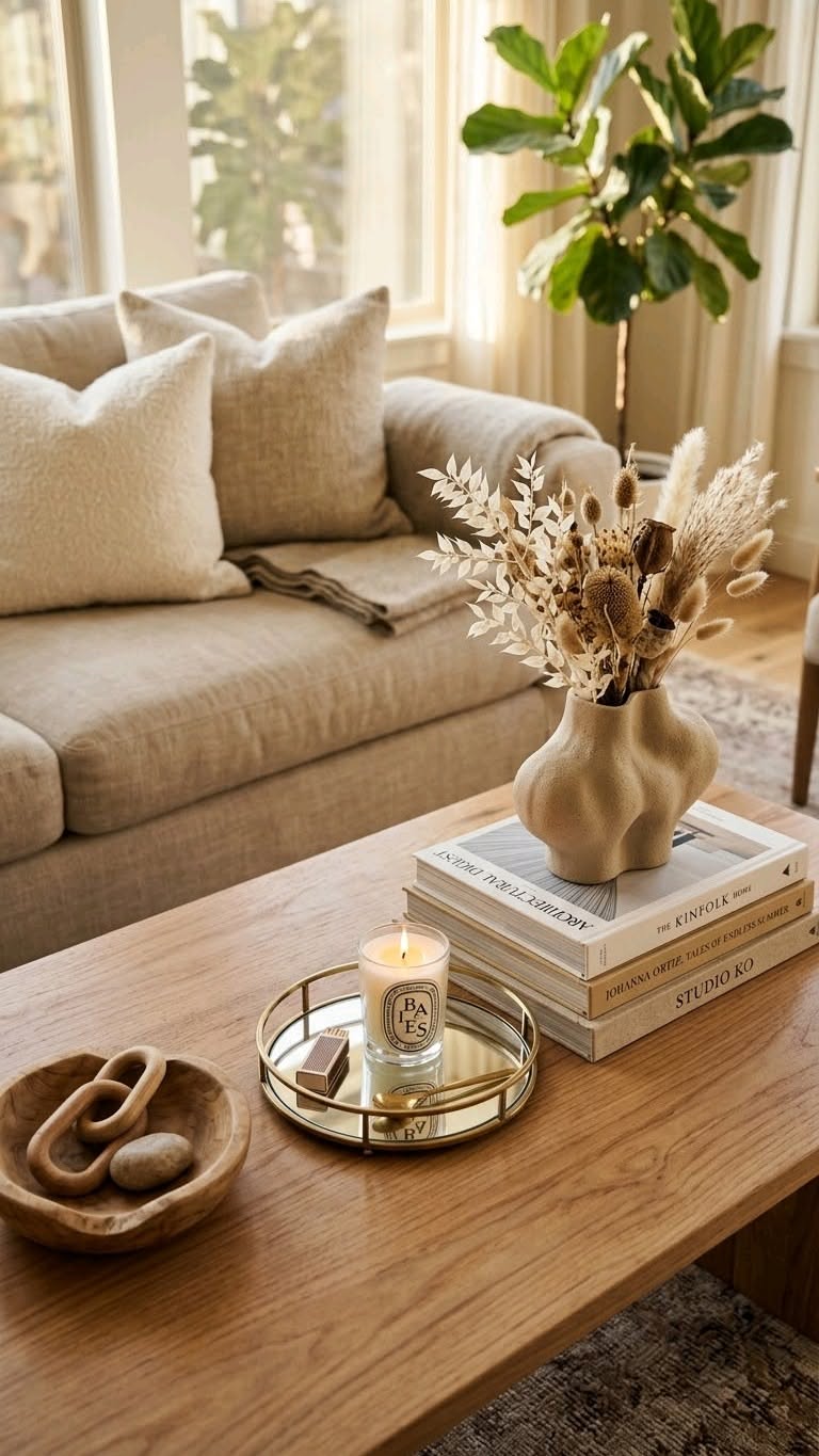 Styled wood coffee table with a brass tray, a candle, stacked books and a ceramic vase of dried stems