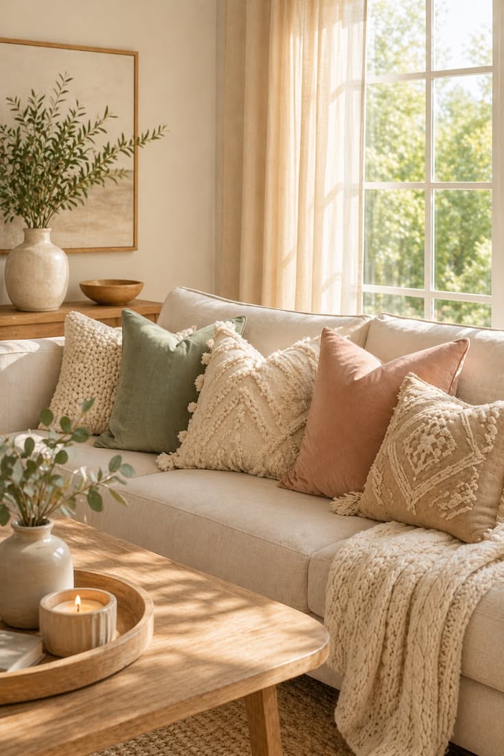 Cream sofa layered with green velvet, terracotta and textured cream pillows and a chunky knit throw