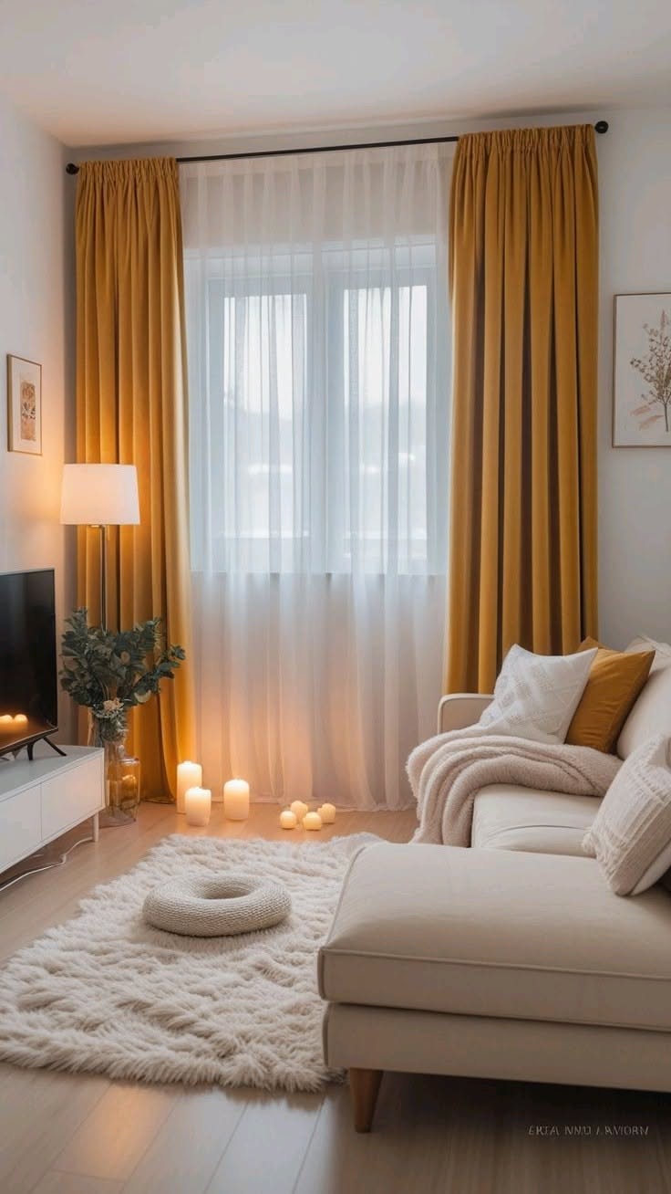 Floor-length mustard curtains layered over sheer panels beside a cream sofa and a soft shag rug