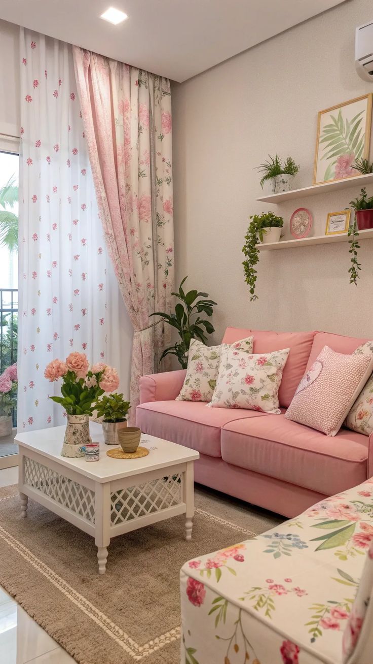 Small living room anchored by a bold pink sofa with floral pillows, floral curtains and a white coffee table