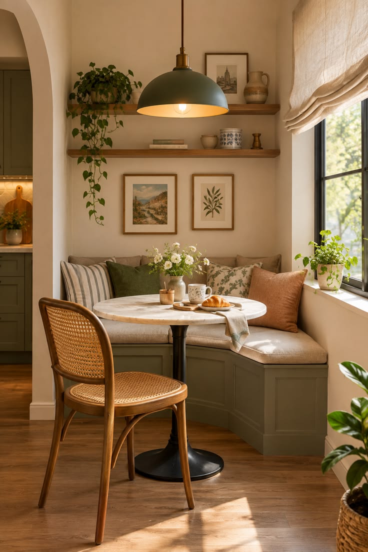 Small dining nook with a round marble table, a green built-in banquette, a cane chair and a green dome pendant