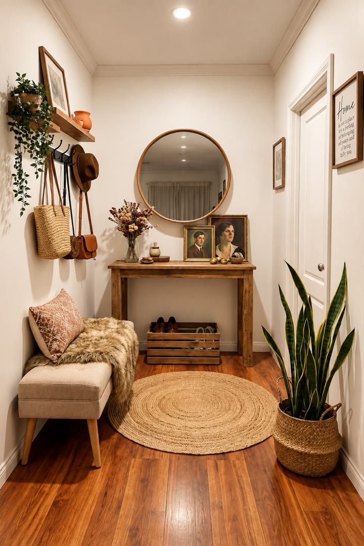Narrow entryway with a wood console, round mirror, wall hooks, an upholstered bench and a round jute rug