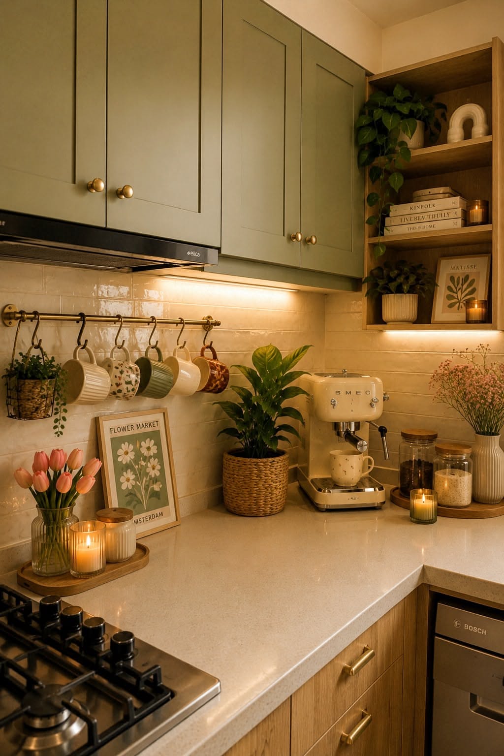 Sage green and wood apartment kitchen with a brass mug rail, open shelving, plants and under-cabinet lighting