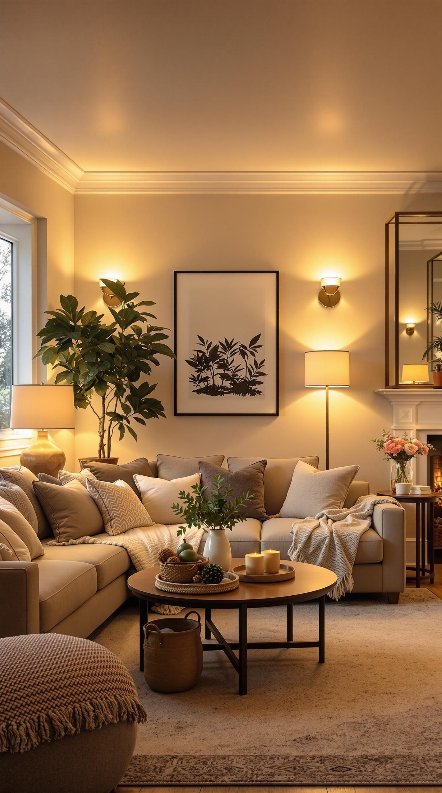 Living room lit by brass wall sconces, a floor lamp and a table lamp layered around a beige sofa