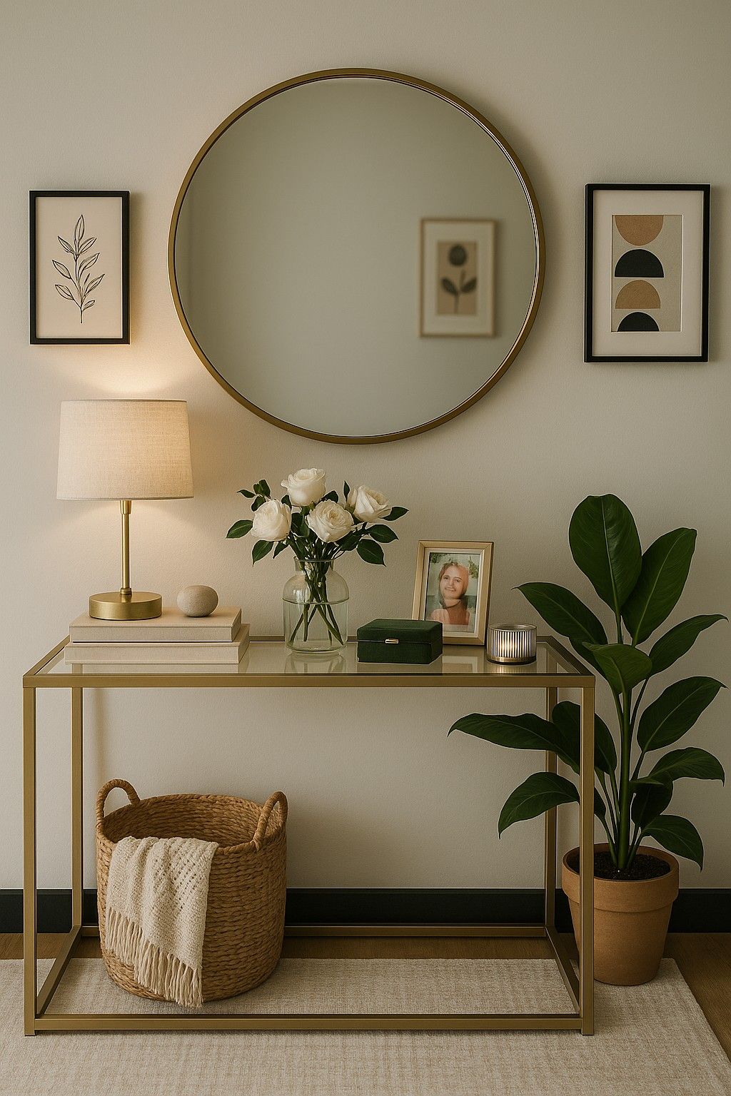 Round gold mirror above a glass and brass console styled with a table lamp, roses and a woven basket below
