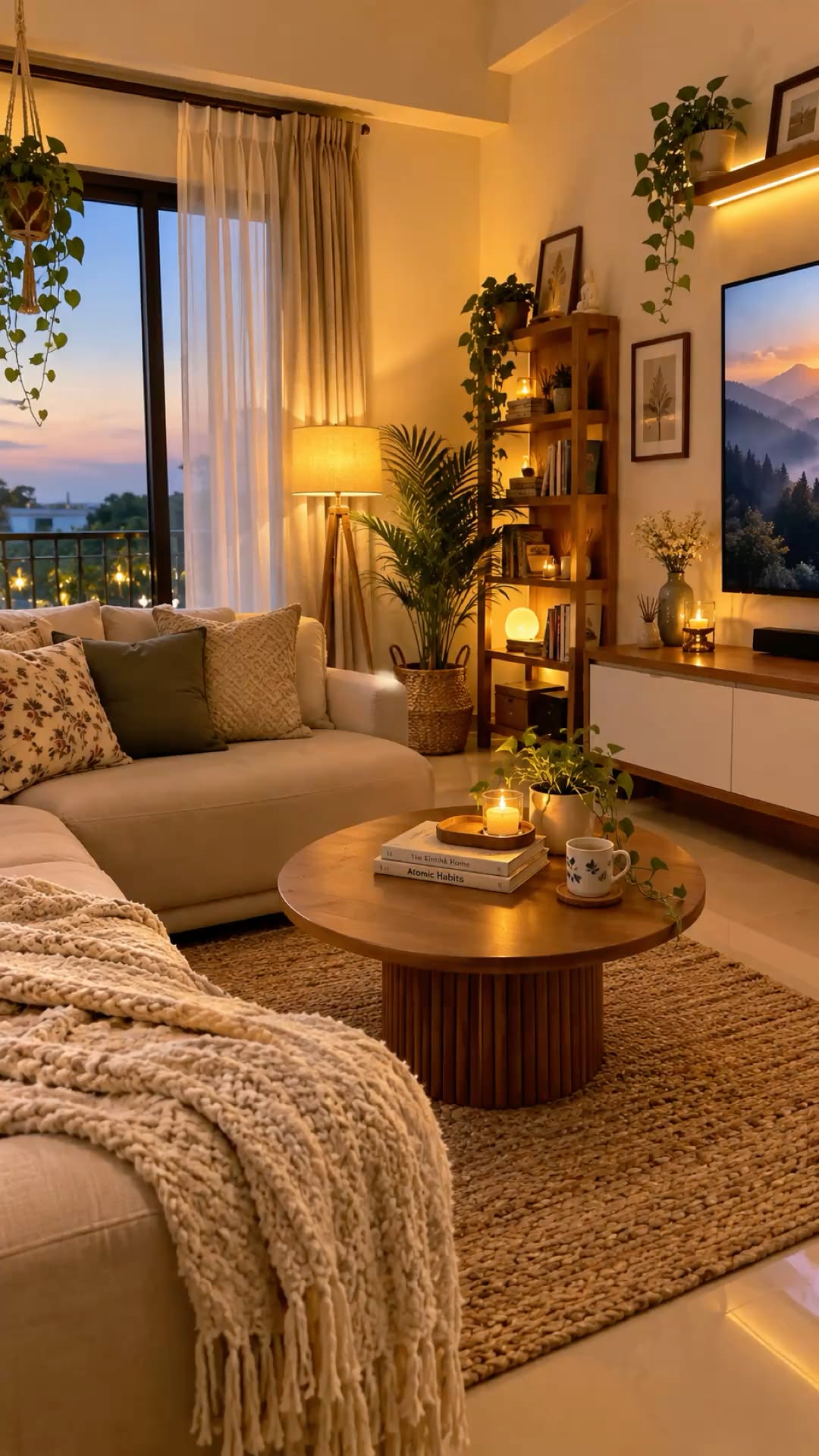 Apartment living room with a fluted wood coffee table, a tall wood shelving unit, a jute rug and warm evening lamplight