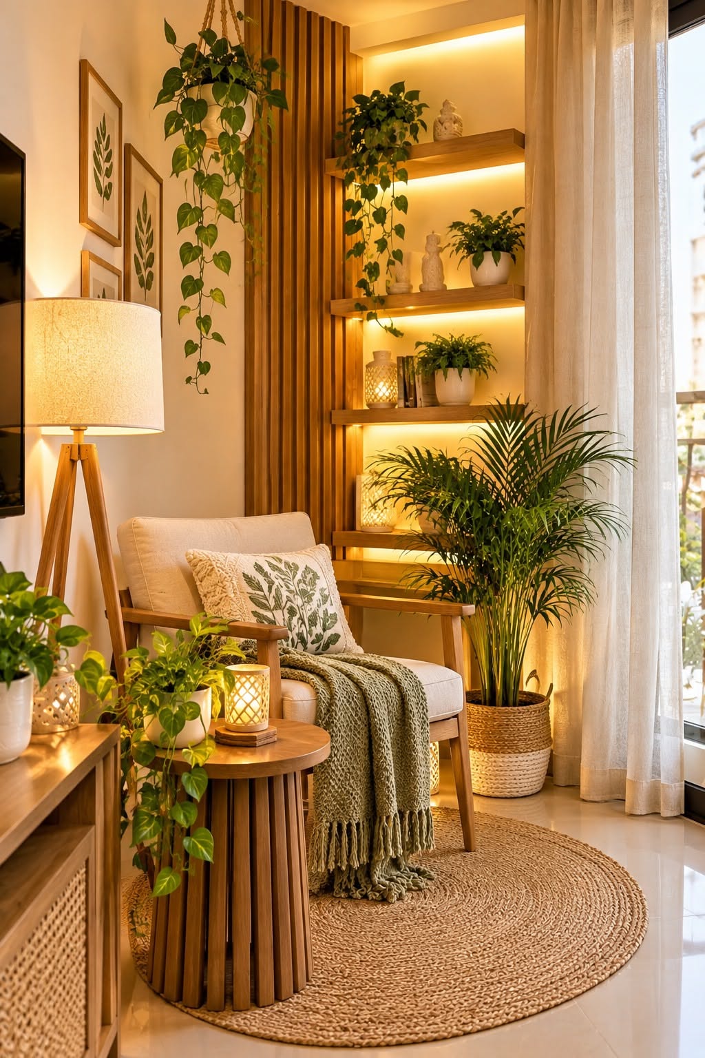 Plant corner with a lit wood slat shelf of trailing plants, a palm in a woven basket and a tripod floor lamp
