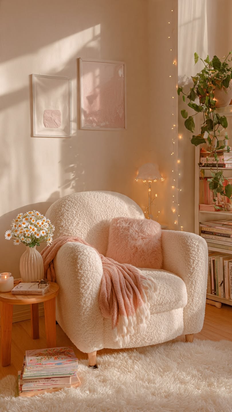 Cream boucle armchair reading nook with a blush throw, a small wood side table, string lights and a bookcase