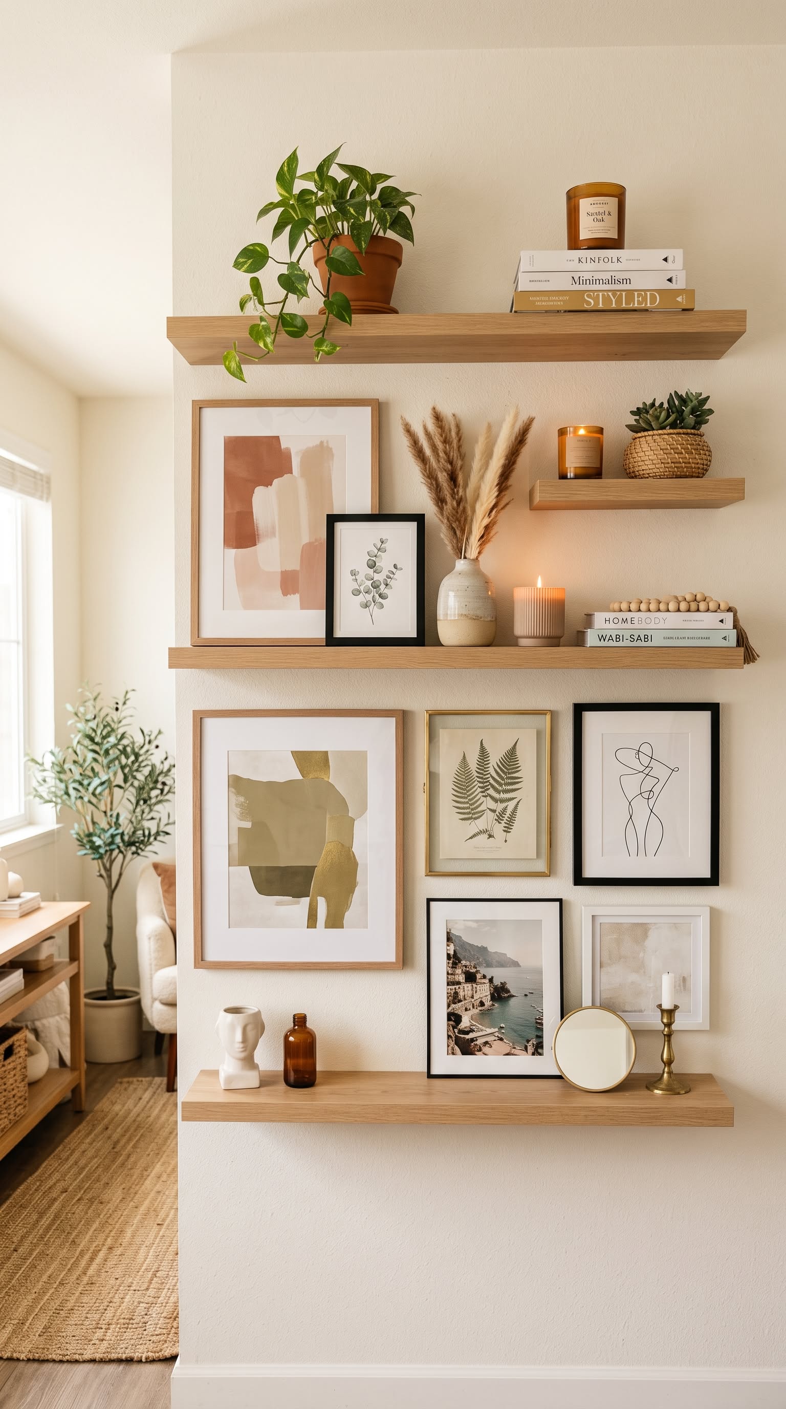 Layered wall of floating oak shelves, framed prints, candles, pampas grass and small ceramics