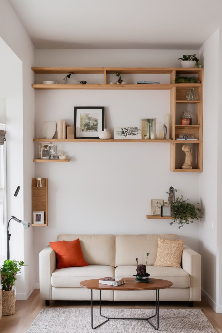 Small living room with a custom wood wall shelving grid above a cream loveseat and a round coffee table