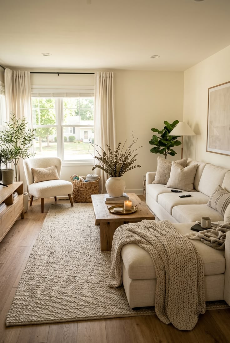 Warm neutral living room with a cream sectional, boucle chair, woven rug, wood coffee table and an olive tree