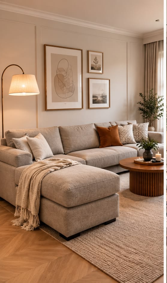 Warm neutral living room layered with a beige sectional, an arc floor lamp, framed art and a fluted wood coffee table