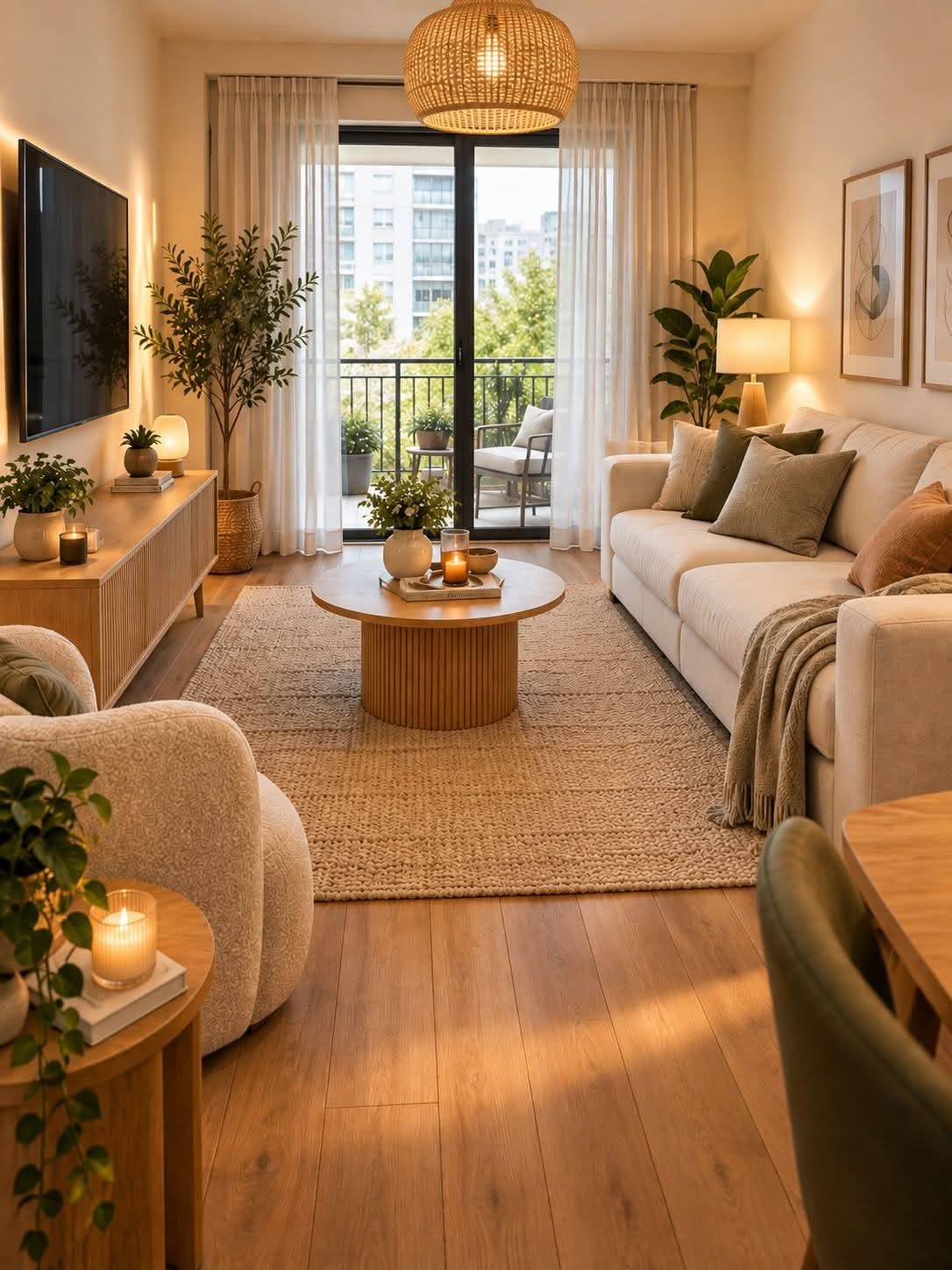 Compact apartment living room with a clear floor, a cream sofa, boucle swivel chairs, a jute rug and a rattan pendant