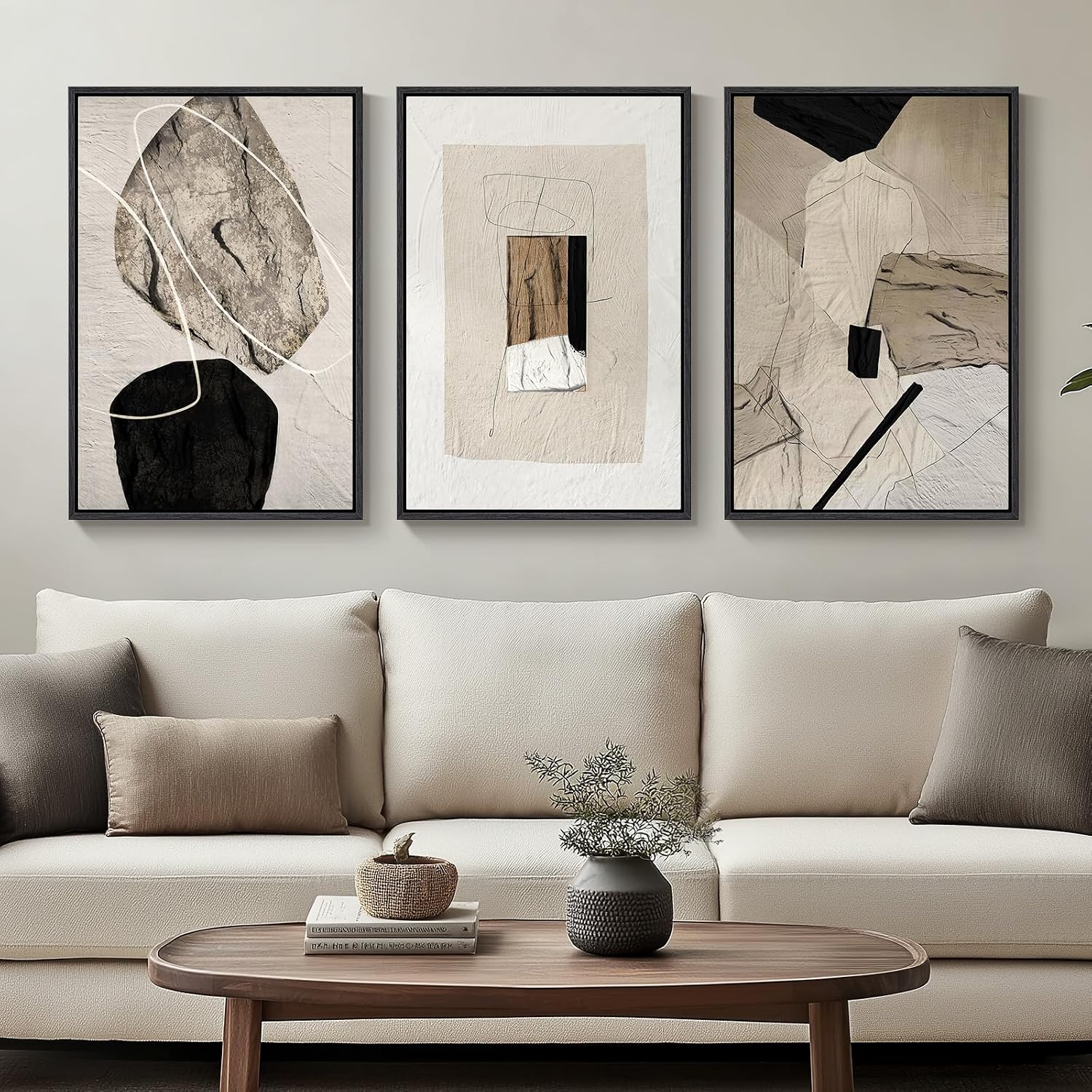 Framed Modern Minimalist Neutral Abstract Wall Art, Set of 3, Each 16x24 In