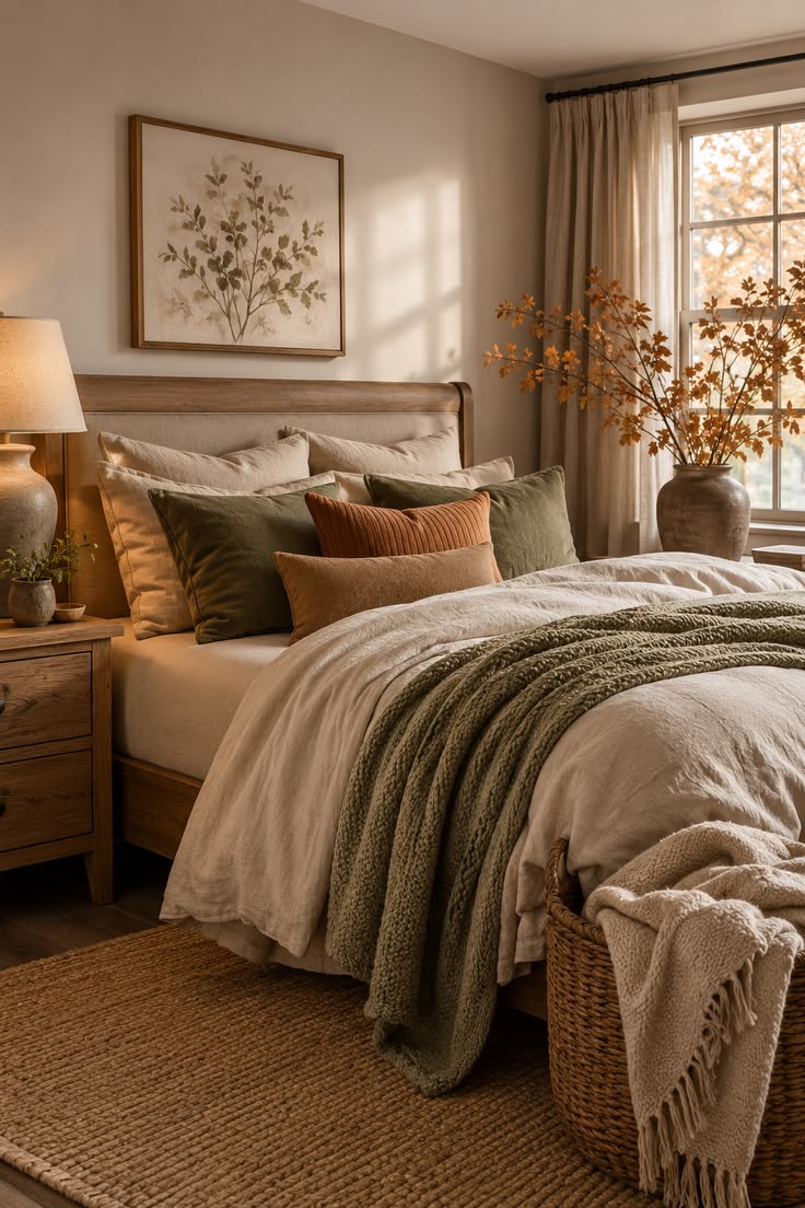 Fall-inspired bedroom with natural wood accents