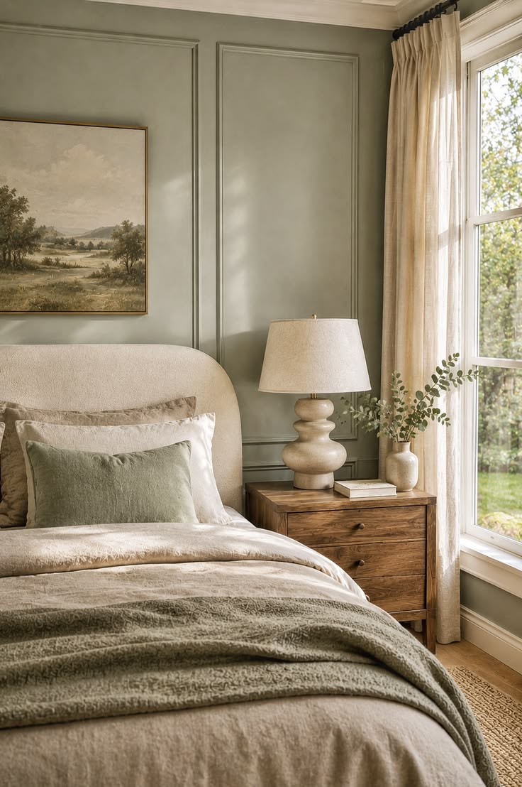 Sage green bedroom styled for a cozy feel