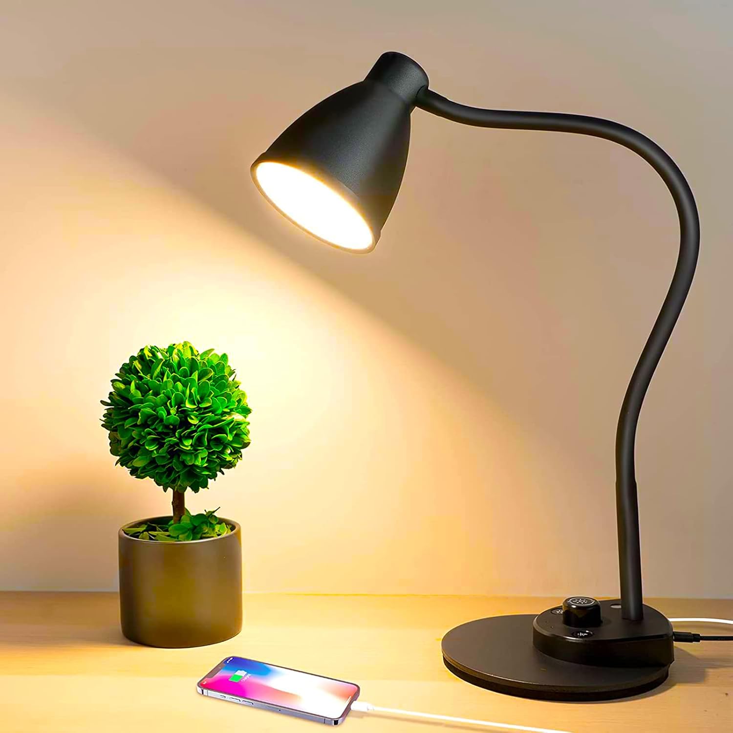 BOHON LED Desk Lamp with USB Charging Port, 3 Color Modes, Dimmable, Black