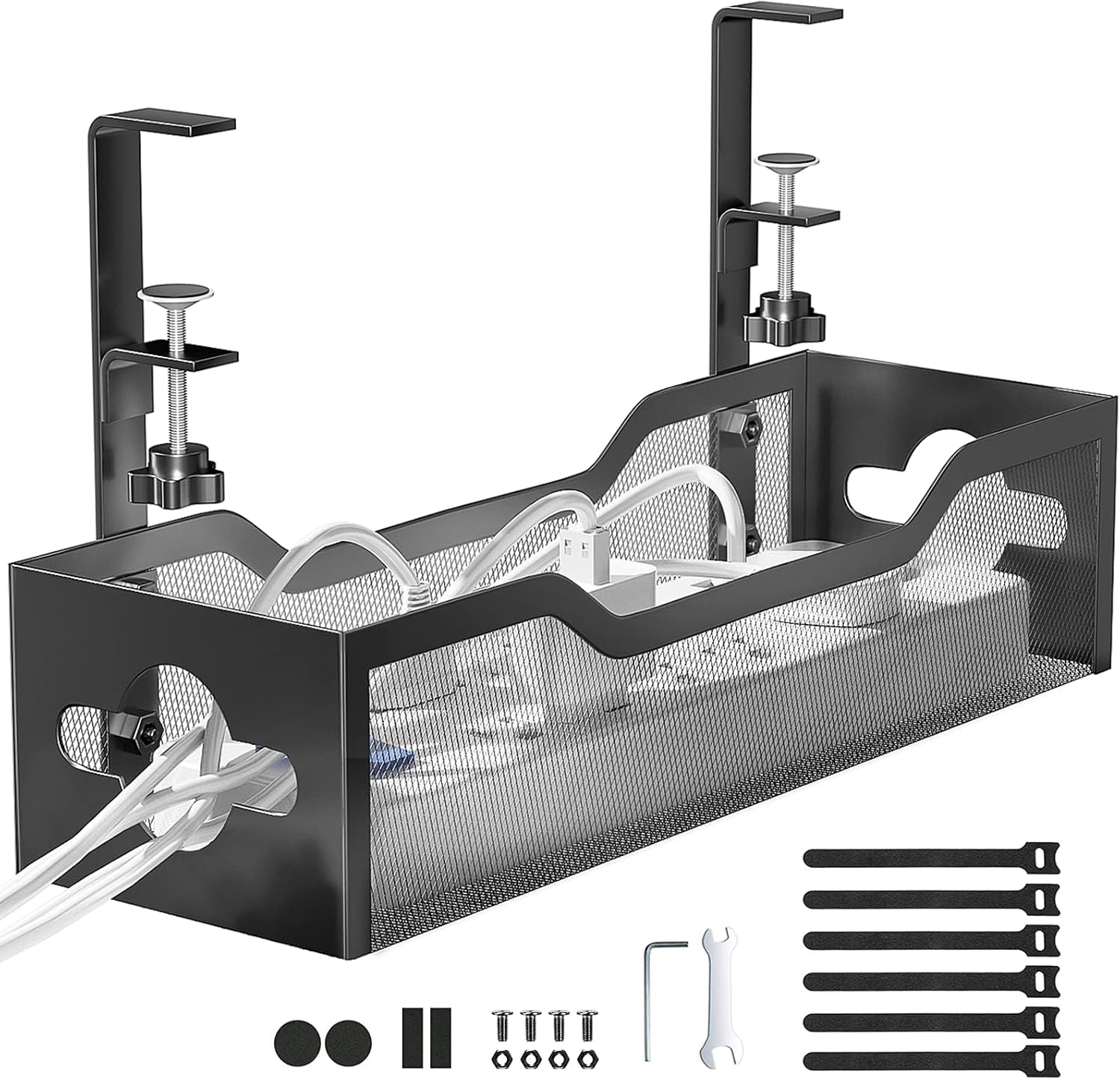 No-Drill Under Desk Cable Management Tray, Metal Mesh with Clamp Mount