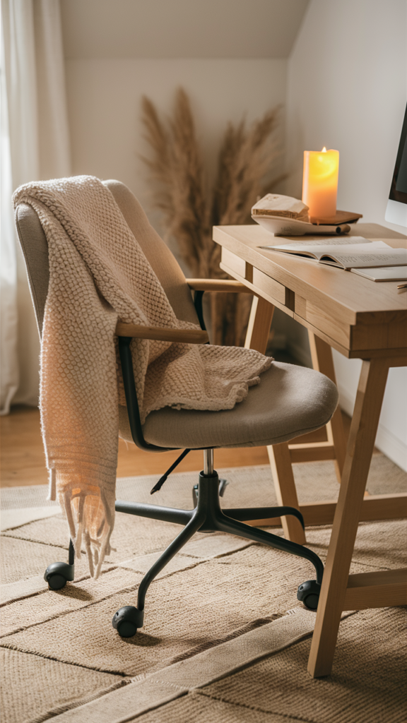 Serene and inviting home office space with warm, cozy styling